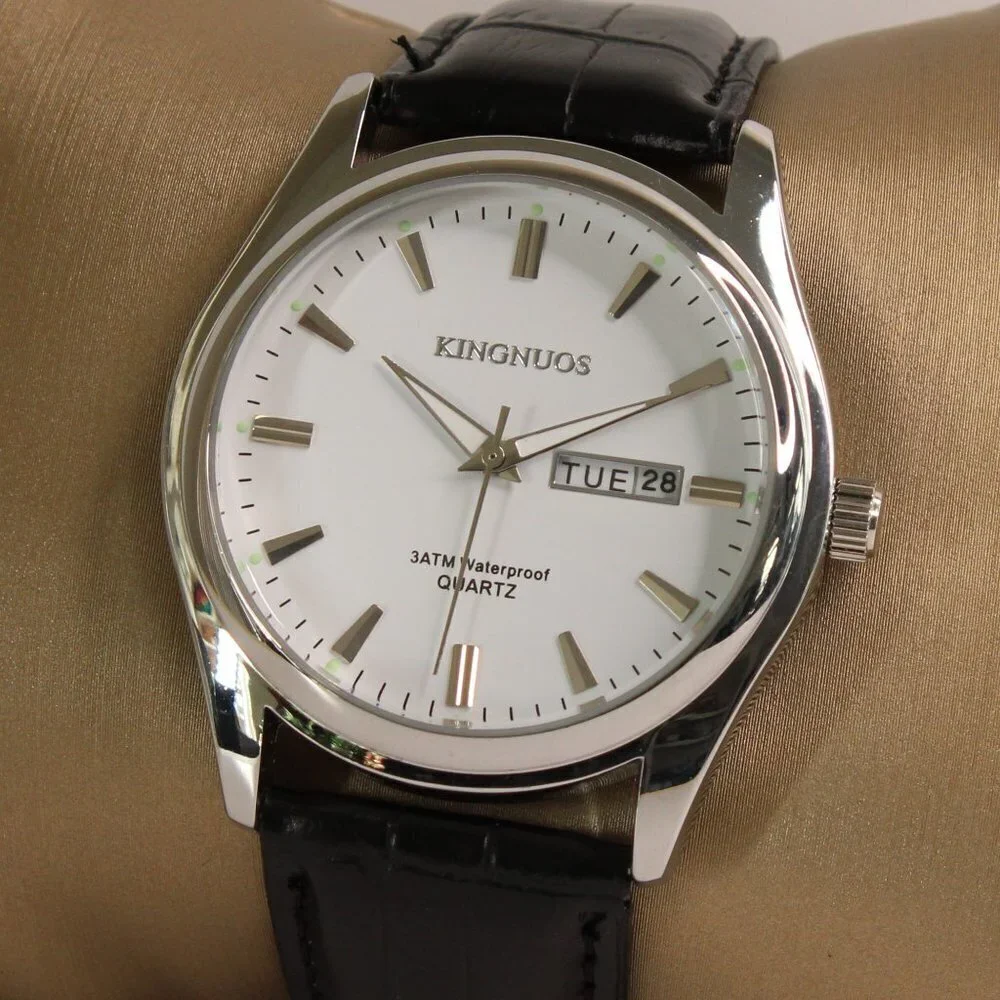 Men's Contemporary Dress Watch Silver Case Black Leather Watch Strap 40mm